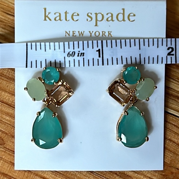 NWT Kate Spade Gold Tone Post Earrings w Aqua Blue, Pale Green & Tan Rhinestones - Picture 6 of 7